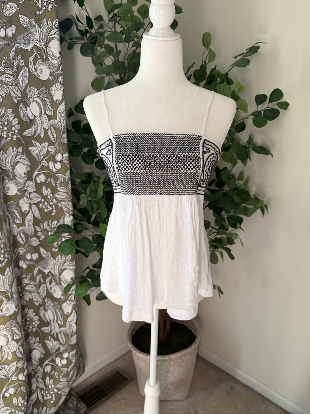 Madewell White Tank Top with Black Smocked Bodice